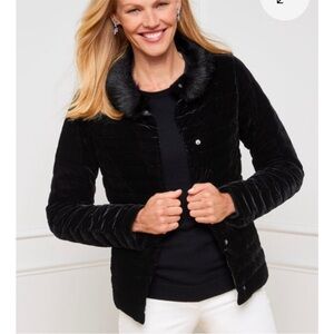 Talbots Women's Black Quilted Velvet Faux Fur Collar Jacket